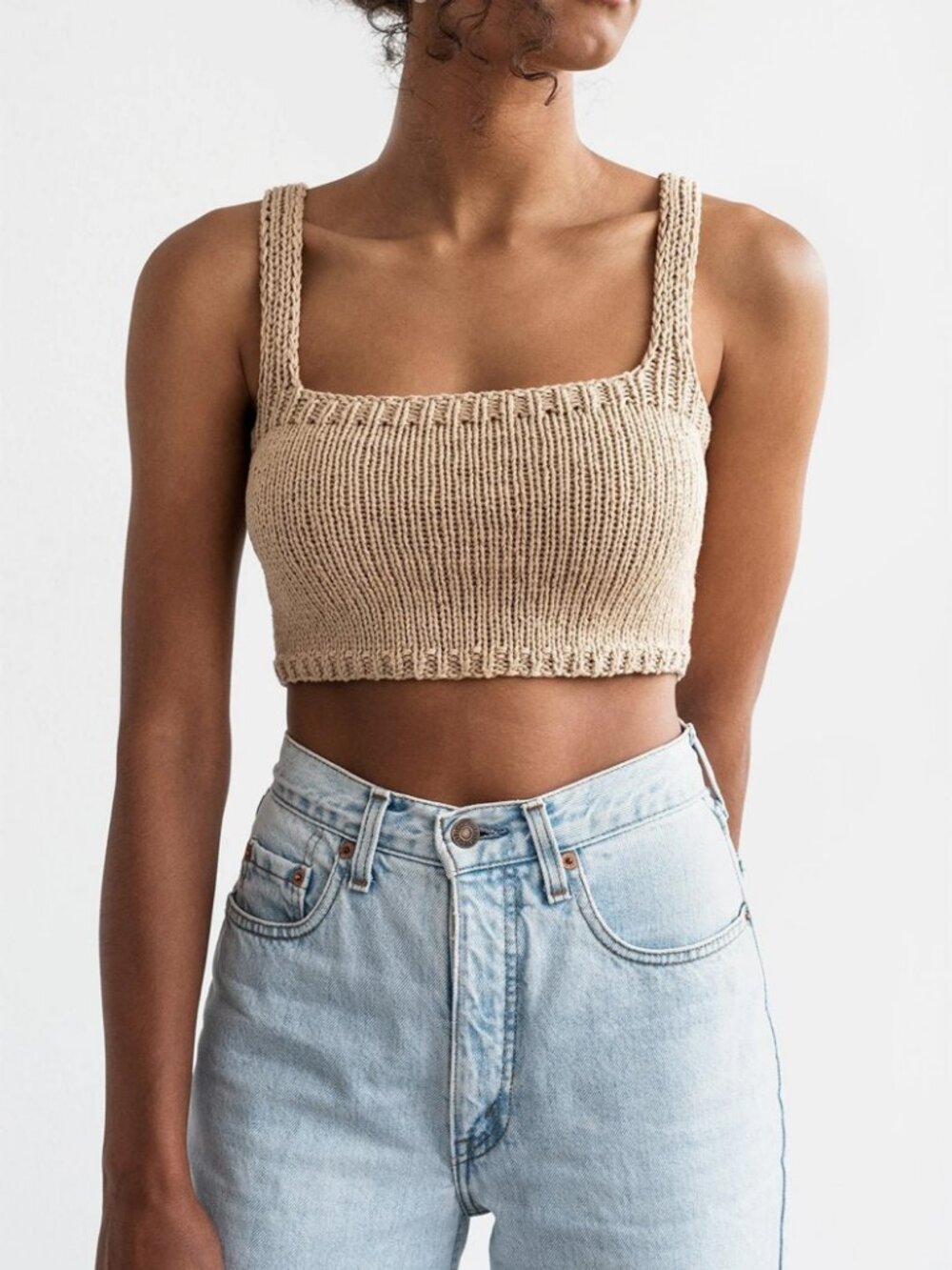 Plexida Hand Knit Cotton Crop Top: Square Neck Bralette in light wheat, size S